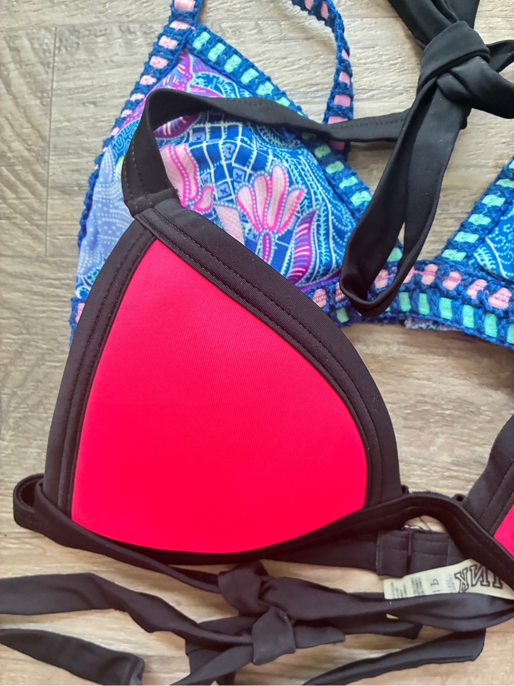 Victoria Secret PINK 2 Strappy Triangle Bikini Swim Tops Crochet Floral Neon - Picture 6 of 12